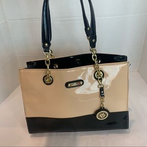 ANNE KLEIN tan and black color black gorgeous handbag purse made of shiny patent